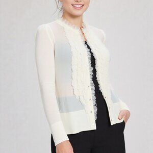 TRIBAL Ruffled Button Down Knit Cardigan Sweater Ivory Cream Soft Stretch